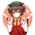  :3 animal_ears bow brown_eyes brown_hair cat_ears cat_tail chen closed_mouth dated green_hat hat long_sleeves looking_at_viewer multiple_tails nail_polish paw_pose paw_print red_nails short_hair skirt skirt_set smile solo tail touhou two_tails vest white_background yamayu yellow_bow 