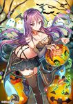  bat bat_wings breasts butt_crack chain frilled_skirt frills ghost gloves hair_ornament halloween halloween_costume interitio large_breasts moon pumpkin purple_eyes purple_hair sid_story skirt slime solo thighhighs tree wings 
