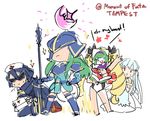  armor blonde_hair blue_armor chibi dc9spot elise_(fire_emblem_if) fire_emblem fire_emblem:_akatsuki_no_megami fire_emblem:_kakusei fire_emblem:_rekka_no_ken fire_emblem:_souen_no_kiseki fire_emblem_heroes gloves green_eyes green_hair highres long_hair lucina mamkute marth_(fire_emblem:_kakusei) mask multiple_girls nephenee ninian nino_(fire_emblem) one-piece_swimsuit open_mouth reverse_trap short_hair smile swimsuit twintails 