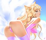  1girl ahri alternate_costume alternate_eye_color alternate_hair_color alternate_hairstyle animal_ears ass bikini blonde_hair breasts fox_ears fox_girl fox_tail from_behind hair_ornament league_of_legends lips lipstick long_hair looking_at_viewer magical_girl medium_breasts multiple_tails peach_hair purple_eyes skirt smile solo star_guardian_ahri taiss14 thigh_boots thong 