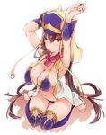  armpits arms_up beads bikini breasts brown_hair cleavage earrings fate/grand_order fate_(series) hat highres jewelry large_breasts long_hair looking_at_viewer md5_mismatch necklace one_eye_closed prayer_beads purple_eyes solo swimsuit thighhighs thomasz xuanzang_(fate/grand_order) 