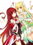  :d black_legwear blonde_hair breasts brown_eyes choker cleavage cleavage_cutout collarbone dutch_angle elbow_gloves elesis_(elsword) elsword eyebrows_visible_through_hair floating_hair gloves grand_archer_(elsword) grand_master_(elsword) hair_ornament hand_on_another's_hip hand_on_another's_shoulder long_hair maydream medium_breasts miniskirt multiple_girls open_mouth parted_lips pleated_skirt pointy_ears red_hair rena_(elsword) shiny shiny_clothes skirt smile standing thighhighs very_long_hair white_background white_gloves white_skirt yellow_eyes 