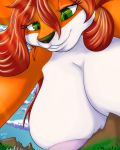  2018 anthro areola beauty_mark big_breasts black_nose breasts canine city cloud digital_drawing_(artwork) digital_media_(artwork) female fox foxfencer fur giga green_eyes hair hi_res huge_breasts looking_down low-angle_view macro mammal mountain orange_fur outside pink_areola rebecca_(foxfencer) red_hair sky smile solo tree white_fur 