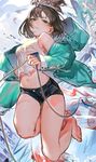  barefoot breasts brown_hair commentary_request from_below full_body green_eyes highres innertube lalil-le medium_breasts navel off_shoulder original raincoat reflection short_hair short_shorts shorts solo stomach submerged underwater unzipped 