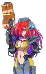  armor bodysuit breasts cleavage gloves gradient_hair gun hand_on_hip helmet highres hmage ion_(titanfall_2) large_breasts long_hair mecha_musume multicolored_hair navel personification purple_hair red_eyes red_hair rifle smirk stomach titanfall titanfall_2 transparent_background weapon 