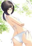  ass bad_anatomy bad_id bad_pixiv_id bikini black_hair brown-framed_eyewear brown_eyes day from_behind glasses hami_(hami-gerden) hand_on_own_elbow highres looking_at_viewer original outdoors parted_lips ponytail short_ponytail side-tie_bikini solo standing swimsuit white_bikini 