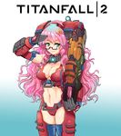  armor backpack bag breasts butterfly_on_hair cleavage copyright_name glasses gloves green_eyes gun hair_ornament hmage long_hair machine_gun mecha_musume medium_breasts monarch_(titanfall_2) navel personification pink_hair stomach thighhighs titanfall titanfall_2 weapon 