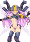  armor boots breasts helmet highres hmage long_hair mecha_musume medium_breasts northstar_(titanfall) personification pink_hair rocket_launcher simple_background skindentation stomach thighhighs thrusters titanfall titanfall_2 underboob visor_(armor) weapon yellow_eyes 