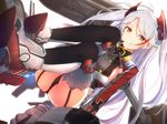  azur_lane black_panties breasts crossed_legs cuon_(kuon) dutch_angle garter_straps iron_cross licking_lips long_hair looking_at_viewer machinery medium_breasts panties pantyshot pantyshot_(sitting) prinz_eugen_(azur_lane) red_eyes red_footwear silver_hair sitting solo thighhighs tongue tongue_out two_side_up underwear uniform very_long_hair 