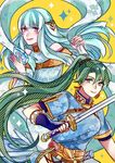  bare_shoulders blue_hair cape dress earrings faithoala fingerless_gloves fire_emblem fire_emblem:_rekka_no_ken fire_emblem_heroes gloves green_eyes green_hair hair_ornament high_ponytail jewelry long_hair looking_at_viewer lyndis_(fire_emblem) mamkute multiple_girls ninian ponytail red_eyes smile very_long_hair weapon 