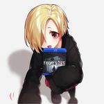  blonde_hair blush brown_eyes ear_piercing earrings friday_the_13th from_above hair_over_one_eye highres hood hood_down hoodie idolmaster idolmaster_cinderella_girls jewelry ktn0515 looking_at_viewer open_mouth pantyhose piercing shirasaka_koume short_hair skirt sleeves_past_fingers sleeves_past_wrists solo 