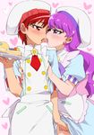  beret blush cake earrings food hand_under_clothes hat heart heart_background jewelry kenjou_akira kirakira_precure_a_la_mode kotozume_yukari long_hair looking_at_another multiple_girls mutyakai pink_background precure puffy_short_sleeves puffy_sleeves purple_eyes purple_hair red_eyes red_hair short_hair short_sleeves sketch tongue tongue_out white_hat yuri 