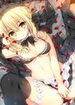  :&lt; apron arm_up armpits artoria_pendragon_(all) artoria_pendragon_(swimsuit_rider_alter) bare_arms bare_shoulders bed_sheet bikini_top black_bikini_top black_bow black_jacket black_legwear black_neckwear black_skirt blonde_hair blush bow bowtie breasts cleavage closed_mouth covering covering_crotch fate/grand_order fate_(series) frilled_apron frilled_bikini_top frills from_above hair_between_eyes hair_bow jacket legband looking_at_viewer looking_up lying maid_bikini maid_headdress medium_breasts navel off_shoulder on_back on_bed open_clothes open_jacket petals short_hair sidelocks skirt solo spread_legs stomach tareme thighhighs thighs underboob v-shaped_eyebrows waist_apron white_apron yadapot 