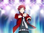  black_pants facial_hair game_cg idol idolmaster idolmaster_side-m idolmaster_side-m_live_on_stage! looking_at_viewer male_focus microphone necktie official_art pants pointing pointing_at_viewer red_hair smile solo sparkle stage_lights stubble tendou_teru v white_neckwear 