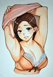  adultonly armpits bad_id bad_pixiv_id black_eyes bra breasts brown_hair cleavage lips long_hair looking_at_viewer marker_(medium) mature medium_breasts mole mole_under_mouth parted_lips seductive_smile smile solo traditional_media underwear undressing upper_body 