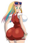  ass ass_support bare_shoulders blonde_hair bracelet breasts creatures_(company) deep_skin eyeshadow eyewear_on_head female from_behind game_freak green_eyes highres huge_ass huge_breasts jewelry long_hair looking_back looking_down makeup mechacross multicolored_hair nintendo parted_lips pink_hair pokemon pokemon_(anime) pokemon_m21 red-framed_eyewear risa_(pokemon) shiny shiny_clothes shiny_hair shirt short_jumpsuit short_sleeves sideboob simple_background solo sunglasses white_background white_shirt 