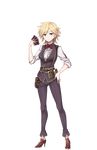  belt_pouch blonde_hair blue_eyes card dizzy_durand full_body hand_on_hip high_heels highres looking_at_viewer official_art pants playing_card pouch princess_principal princess_principal_game_of_mission red_footwear red_neckwear short_hair standing transparent_background vest 