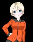  artist_request black_background black_skirt blonde_hair blue_eyes braid closed_mouth contrapposto darjeeling epaulettes eyebrows_visible_through_hair girls_und_panzer hair_between_eyes hand_on_hip highres jacket long_sleeves looking_at_viewer military military_uniform pleated_skirt red_jacket short_hair simple_background skirt smile solo st._gloriana's_military_uniform standing tied_hair twin_braids twitter_username uniform upper_body 
