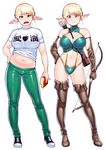 arrow bare_shoulders before_and_after belly between_breasts blonde_hair boots bow_(weapon) breasts casual elf elf-san_wa_yaserarenai. erufuda-san fang food french_fries green_eyes hand_on_hip large_breasts legs multiple_views navel plump pointy_ears quiver short_hair simple_background strap_cleavage synecdoche thigh_boots thighhighs thighs translated variations weapon white_background 