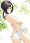  1girl alone artist_request ass back bare_back bikini black_hair branch female folding_arms glasses hazel_eyes hips leaf looking_back nice_ass ponytail sideboob solo thighs white_bikini 