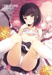  black_hair bob_cut bra bra_removed breasts brown_eyes cheerleader commentary_request cover cover_page crop_top doujin_cover nipples original panties pom_poms project_re_x_pure senji_(tegone_spike) short_hair small_breasts solo tsukishima_kana underwear 