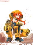  arm_guards armor armored_boots between_legs black_gloves blush boots breasts cameltoe cleavage copyright_name dust_cloud gloves hair_between_eyes hand_between_legs highres hmage large_breasts leotard looking_at_viewer mecha_musume open_mouth orange_eyes orange_hair own_hands_together personification scorch_(titanfall_2) short_hair_with_long_locks shoulder_armor sidelocks simple_background spaulders spread_legs squatting thigh_boots thighhighs thighs titanfall titanfall_2 v_arms white_background 