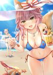  :d animal_ears ball bangs bare_arms bare_legs bare_shoulders beach beachball beer_mug bikini bikini_bottom blue_bikini blue_sky blush bow bracelet breasts cleavage cloud commentary_request covered_nipples cowboy_shot crab cup day drink drinking_glass ears_through_headwear fate/grand_order fate_(series) food footprints fox_ears fox_tail groin halterneck hanging_breasts hat hat_bow hidden_face holding holding_cup ice_cream jewelry kiyohime_(fate/grand_order) kiyohime_(swimsuit_lancer)_(fate) large_breasts leaning_forward lens_flare light_rays looking_at_viewer medium_breasts multiple_girls navel necklace ocean open_mouth orange_ribbon outdoors parfait pink_bikini_bottom pink_hair pov ribbon sand shiny shiny_skin side-tie_bikini silver_hair sky smile sparkle spoon standing starfish striped striped_bow sun_hat sunbeam sunlight sweat swimsuit tail tamamo_(fate)_(all) tamamo_no_mae_(swimsuit_lancer)_(fate) thigh_gap thighs white_hat yellow_eyes yuemanhuaikong 