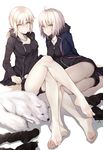  ahoge artoria_pendragon_(all) ass bangs barefoot batatata77 belt black_dress black_panties blonde_hair crossed_legs dog dress fate/grand_order fate_(series) feet hair_between_eyes hair_ornament hair_ribbon highres hood hoodie jacket jeanne_d'arc_(alter)_(fate) jeanne_d'arc_(fate)_(all) jewelry legs looking_at_viewer multiple_girls necklace panties platinum_blonde_hair ponytail ribbon saber_alter short_dress short_hair short_shorts shorts sitting soles thighs tied_hair toes underwear white_background wicked_dragon_witch_ver._shinjuku_1999 yellow_eyes 