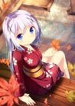  alternate_costume autumn_leaves blue_eyes blurry blush cherry_print chinomaron closed_mouth commentary_request depth_of_field floral_print food_print from_behind gochuumon_wa_usagi_desu_ka? hair_ornament hairclip highres japanese_clothes kafuu_chino kimono light_blue_hair long_hair looking_at_viewer looking_up obi onsen sash silver_hair smile soaking_feet solo water x_hair_ornament 