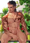  1boy black_hair body_hair erection final_fantasy final_fantasy_xv gladiolus_amicitia looking_at_viewer male_focus maorenc muscle nipples penis scar smile underwear 