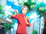  blue_sky brown_eyes brown_hair building can cloud day game_cg idolmaster idolmaster_side-m idolmaster_side-m_live_on_stage! index_finger_raised long_hair male_focus official_art one_eye_closed open_mouth ponytail red_shirt shirt sky smile soda_can solo sweater turtleneck turtleneck_sweater upper_body watanabe_minori 