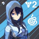  armor black_hair blue_eyes blue_hair bodysuit breastplate closed_mouth destiny_(game) emblem expressionless hair_between_eyes hood hood_up hunter_(destiny) jewelry jitome kuroda_kuwa logo long_hair looking_at_viewer necklace shaded_face sidelocks two-tone_background upper_body 