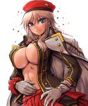  alisa_ilinichina_amiella amania_orz blue_eyes breasts commentary_request gloves god_eater hat jacket_on_shoulders large_breasts long_hair long_sleeves looking_at_viewer silver_hair skirt solo translation_request underboob 