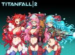 armor backpack bag blue_eyes blue_hair breasts butterfly_on_hair cleavage clenched_hands copyright_name crazy_smile electricity firing gloves glowing glowing_eyes green_eyes gun highres hmage honeycomb_(pattern) large_breasts long_hair machine_gun mecha_musume medium_breasts monarch_(titanfall_2) multiple_persona open_mouth parted_lips personification pink_hair red_eyes red_hair rocket_launcher smile stomach thighhighs titanfall titanfall_2 weapon 