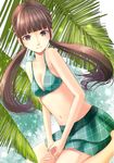  aqua_nails bikini brown_eyes brown_hair day green_bikini hami_(hami-gerden) highres kneeling long_hair looking_at_viewer nail_polish navel original outdoors palm_leaf swimsuit twintails 