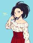  alternate_costume bare_shoulders black_hair blouse blue_background boku_no_hero_academia casual character_name collarbone corset floral_print frills grey_eyes hand_in_hair hiyori_(rindou66) long_sleeves looking_at_viewer ponytail simple_background solo upper_body yaoyorozu_momo 