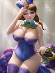  blurry breasts brown_hair chinese_clothes cleavage clothes_removed depth_of_field detached_collar deviantart_username impossible_clothes jiangshi_mei large_breasts leotard lolliedrop looking_at_viewer low_twintails mei_(overwatch) nail_polish one_eye_closed overwatch parted_lips sakimichan_(style) skindentation smile snowball_(overwatch) solo thighhighs tumblr_username twintails watermark web_address 