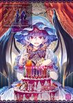  bat_wings birthday_cake blue_hair cake candle clock cover curtains dress fangs food fork hat looking_at_viewer mob_cap purple_hair red_eyes remilia_scarlet short_hair slit_pupils smile solo touhou wings wrist_cuffs zounose 