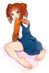  ass barefoot batatata77 brown_hair feet green_eyes highres idolmaster idolmaster_(classic) idolmaster_1 long_hair looking_back open_mouth orange_hair raglan_sleeves smile soles solo takatsuki_yayoi twintails white_background 