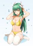  bikini breasts cleavage fate/grand_order fate_(series) green_hair highres horns kiyohime_(fate/grand_order) large_breasts long_hair looking_at_viewer mochii one_eye_closed sitting solo swimsuit thighhighs wariza water white_legwear yellow_bikini yellow_eyes 