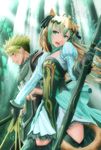  1girl absurdres achilles_(fate) animal_ears armor arrow atalanta_(fate) blonde_hair bow_(weapon) cat_ears fate/apocrypha fate_(series) green_eyes green_hair highres holding holding_weapon mukade_(siieregannsu) multicolored_hair polearm spear thighhighs two-tone_hair weapon 