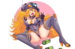  abs bangs battery battery_removed blonde_hair boots breasts covered_navel covered_nipples eyebrows_visible_through_hair green_eyes hair_between_eyes helmet high_heel_boots high_heels highres hmage knee_boots large_breasts long_hair looking_at_viewer mecha_musume navel nipples personification pussy_juice see-through sexually_suggestive solo spread_legs sticky_fingers thighhighs titanfall titanfall_2 tone_(titanfall_2) v 