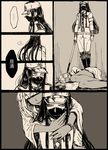  1girl armband boots coat comic danganronpa dark_skin death hat highres hug hug_from_behind long_hair mask new_danganronpa_v3 shinguuji_korekiyo spoilers sword translated weapon yonaga_angie yyy246 zipper zipper_pull_tab 