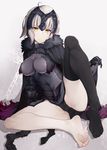  armor barefoot batatata77 cape fate/grand_order fate_(series) feet frown fur_trim gauntlets gloves headpiece highres jeanne_d'arc_(alter)_(fate) jeanne_d'arc_(fate)_(all) looking_at_viewer short_hair single_thighhigh sitting skirt skirt_lift soles solo thighhighs thighhighs_removed toes white_hair yellow_eyes 