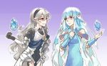  armor bare_shoulders blue_hair cape dress female_my_unit_(fire_emblem_if) fire_emblem fire_emblem:_rekka_no_ken fire_emblem_heroes fire_emblem_if hair_ornament hairband jin_(phoenixpear) long_hair mamkute multiple_girls my_unit_(fire_emblem_if) ninian open_mouth pointy_ears red_eyes silver_hair smile stone white_hair 