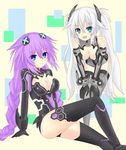  :d arm_support black_gloves black_hair black_heart blue_eyes braid breasts choujigen_game_neptune cleavage covered_navel elbow_gloves eyebrows_visible_through_hair gloves grey_legwear grey_leotard hair_between_eyes hair_ornament hands_on_own_knees highres langley1000 leaning_forward leotard long_hair medium_breasts multiple_girls neptune_(series) open_mouth purple_hair purple_heart shiny shiny_skin silver_hair sitting smile standing thighhighs twin_braids very_long_hair white_background 