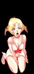  1girl blonde_hair blue_eyes breasts catherine catherine_(game) choker cleavage demon_girl drill_hair female full_body high_heels lipstick medium_breasts open_mouth ribbon sitting solo tongue tongue_out twin_drills twintails 