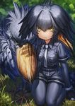  bird black_gloves black_hair collared_shirt day expressionless eyebrows_visible_through_hair gloves grass grey_hair grey_legwear grey_neckwear grey_shirt grey_shorts hair_between_eyes head_wings highres kemono_friends lain long_hair looking_at_viewer low_ponytail multicolored_hair necktie on_ground outdoors pantyhose shirt shoebill shoebill_(kemono_friends) shorts side_ponytail solo wing_collar yellow_eyes 