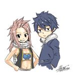  1girl bare_shoulders blue_hair brown_eyes child commentary_request cropped_torso fairy_tail fur_trim gray_fullbuster hands_in_pockets hands_on_hips if_they_mated jacket juvia_lockser long_hair lucy_heartfilia mashima_hiro natsu_dragneel red_hair scarf signature simple_background smile vest white_background 