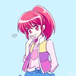  10s 1girl aino_megumi blue_background happinesscharge_precure! heart kiguchi_komaru ponytail precure red_eyes red_hair short_hair smile solo upper_body vest 